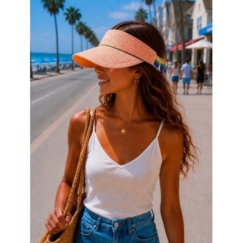 Straw Visor Hats - Straw w/ Cotton Lining And Elastic Band - HT-8405OG